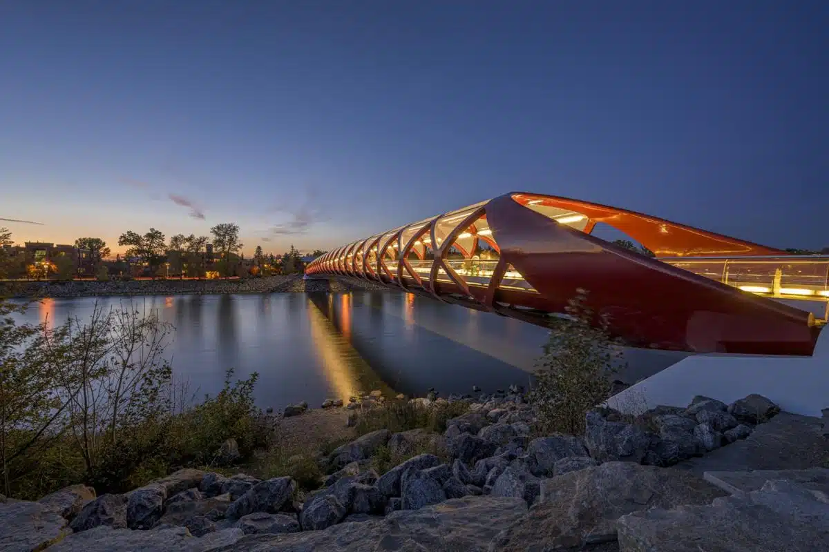 Beautiful view of the Peace Bridge over the river captured in Calgary, Canada