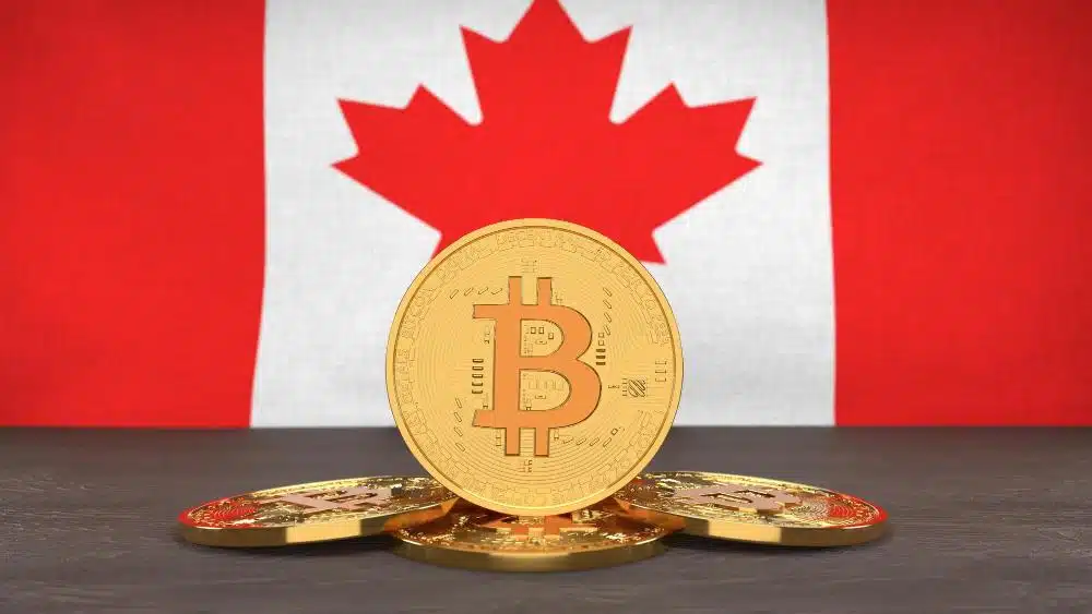 Gold Bitcoin coins on a table with the Canadian flag in the background, symbolizing crypto tax services in Canada.