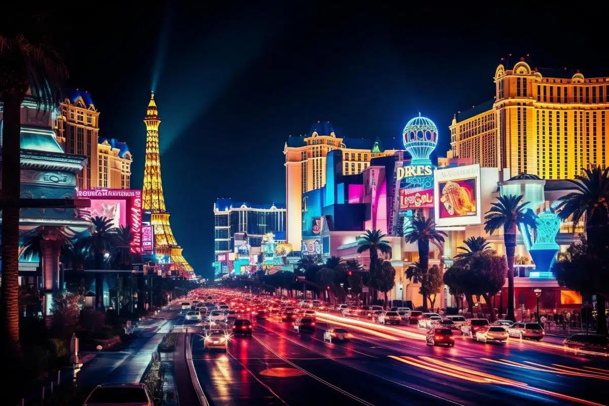 Vibrant night view of the Las Vegas Strip in Nevada, showcasing neon lights, luxury hotels, and busy traffic.
