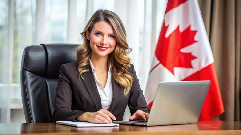 Lawyer at desk with Canadian flag, symbolizing GST and HST legal services in Canada.