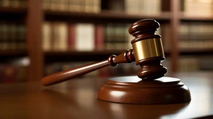 Judge’s gavel on table with a library of legal texts in the background.
