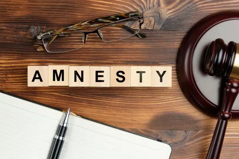 Wooden blocks spelling out the word Amnesty on a desk with glasses, a gavel and a notebook.