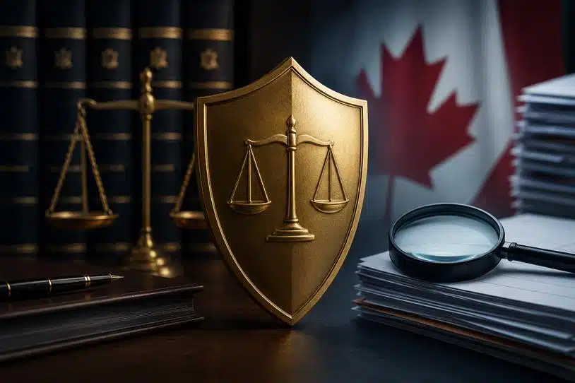 Shield with scales of justice between legal books and investigative documents, symbolizing solicitor-client privilege and limits on CRA audit powers in tax law.